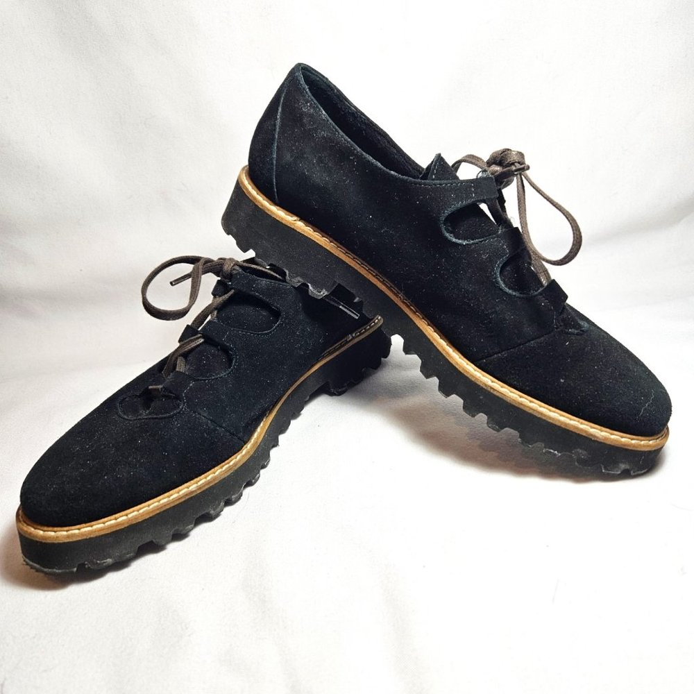 Ron White Cashmere Suede Black Oxfords W Criss Cross Laces, Size 6